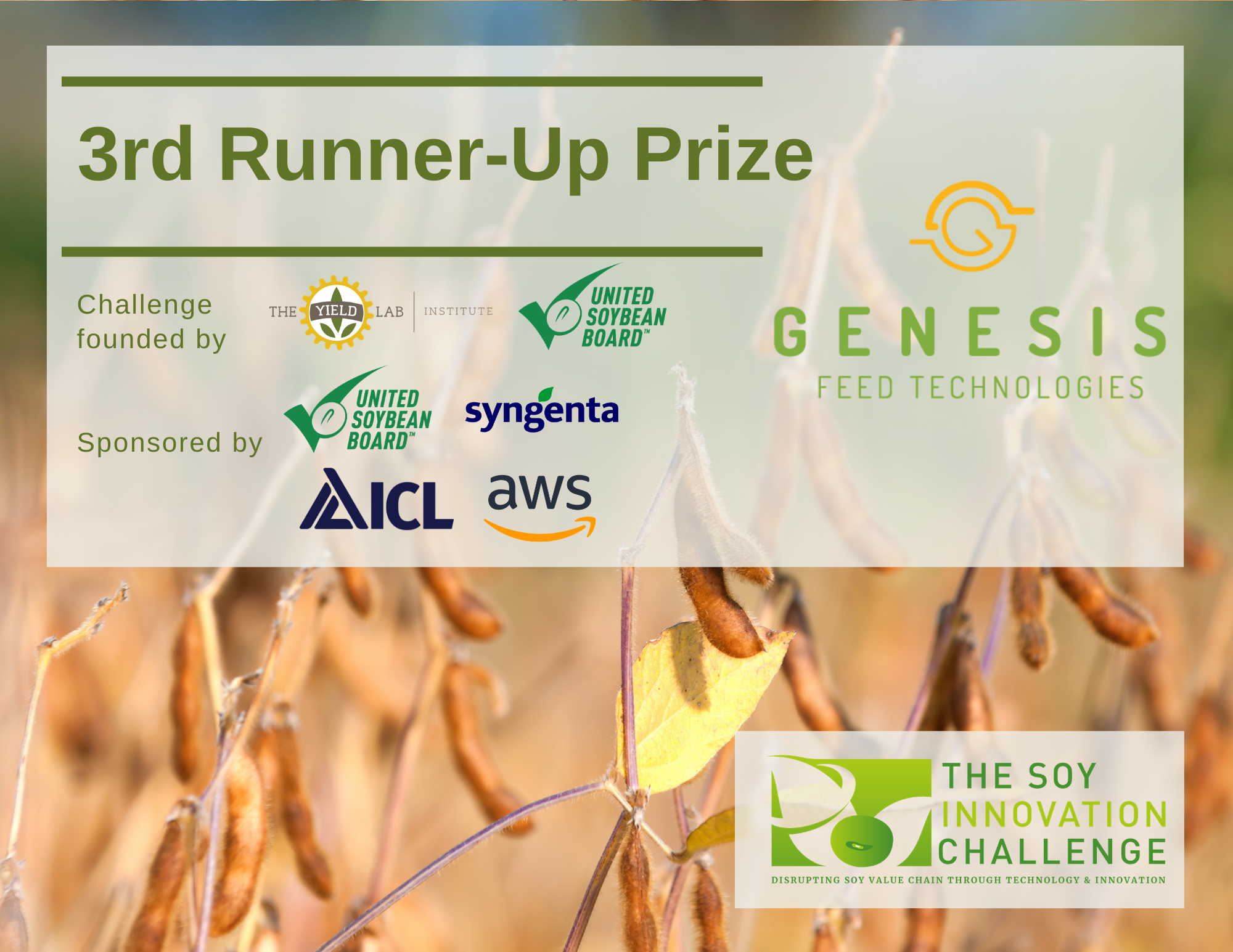 Text reads "3rd runner-up prize" for Genesis Feed Technologies, and includes sponsors. Award is presented by The Yield Institute and the United Soybean Board.